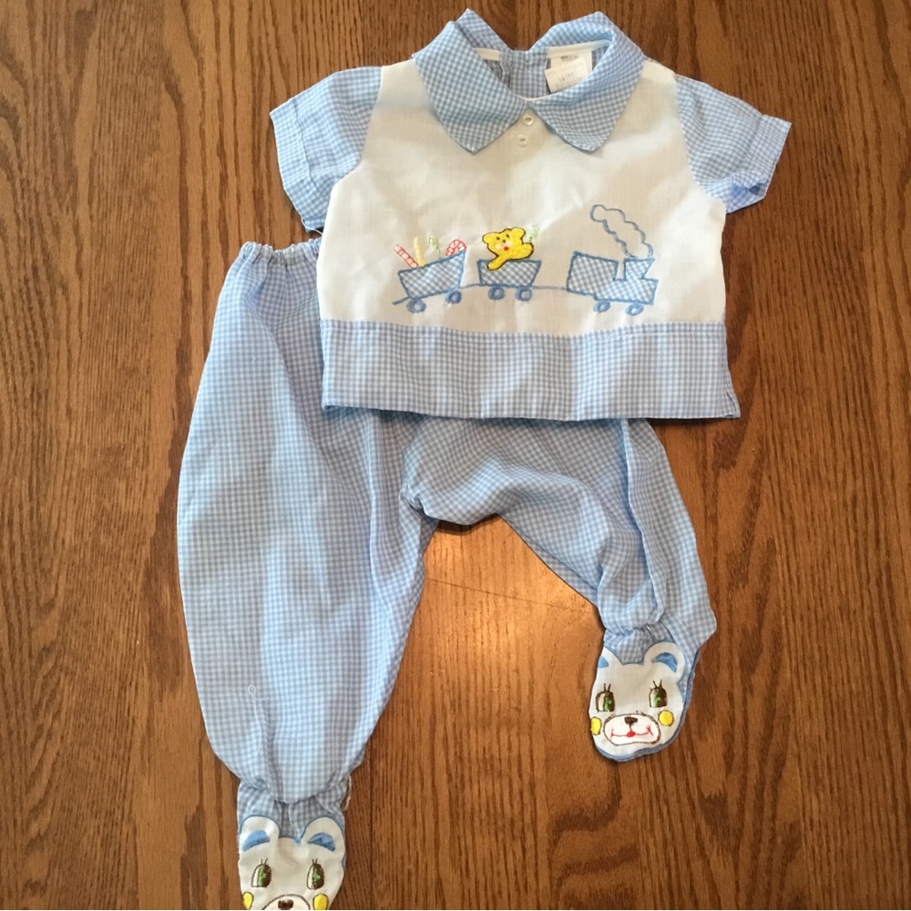 Vintage Blue Gingham Baby Boy Two Piece Set, size 3-6 months.